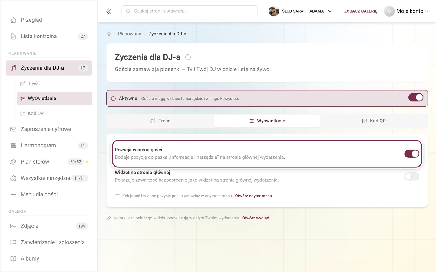 Zakładka Wyświetlanie Życzeń dla DJ-a z wyróżnionym przełącznikiem Pozycja w menu gości