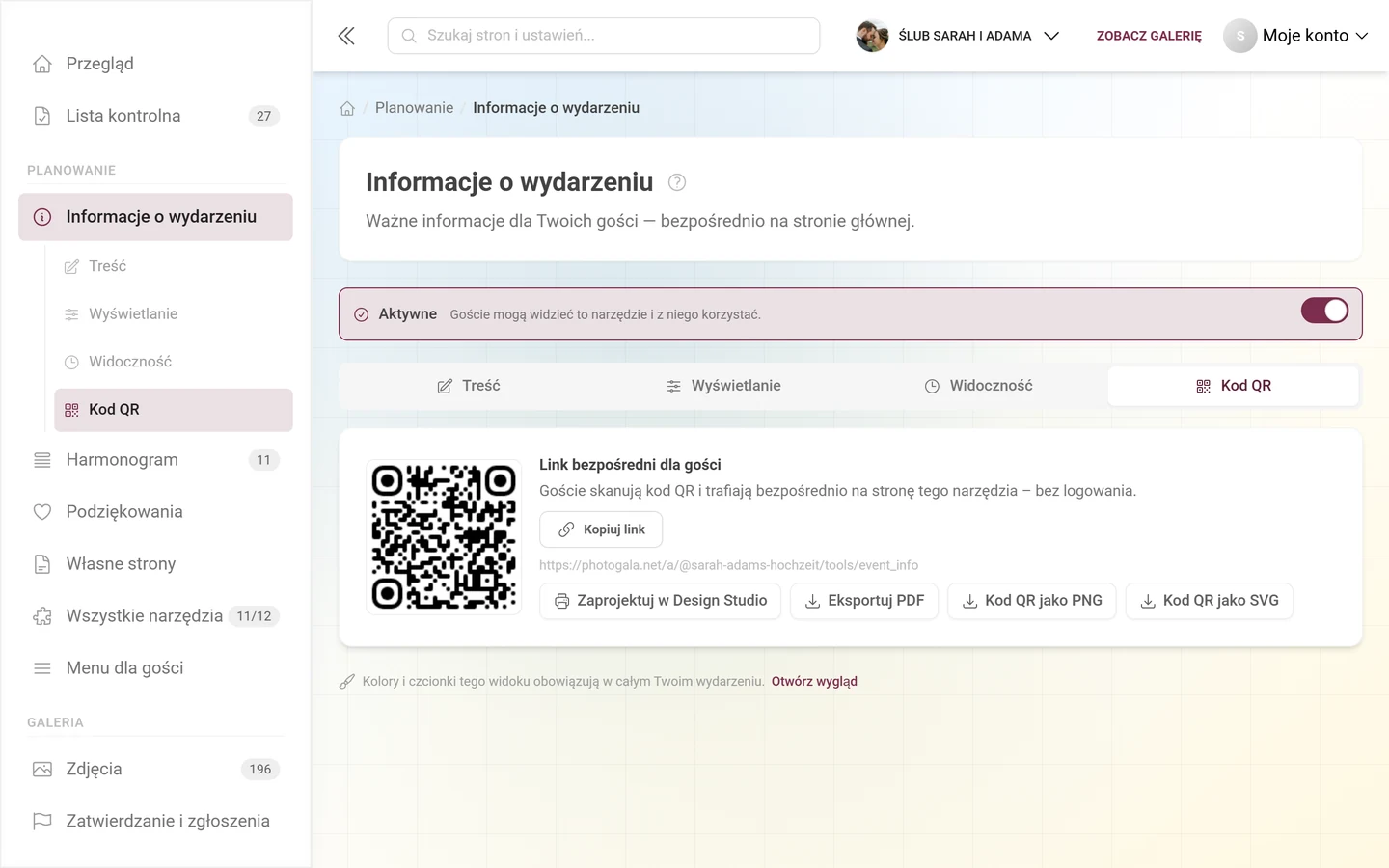 Karta Kod QR narzędzia z linkiem bezpośrednim, obrazem QR i przyciskami eksportu