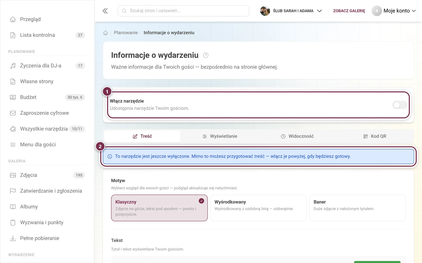 Strona Informacje o wydarzeniu z wyłączonym przełącznikiem narzędzia i niebieską wskazówką pod nim