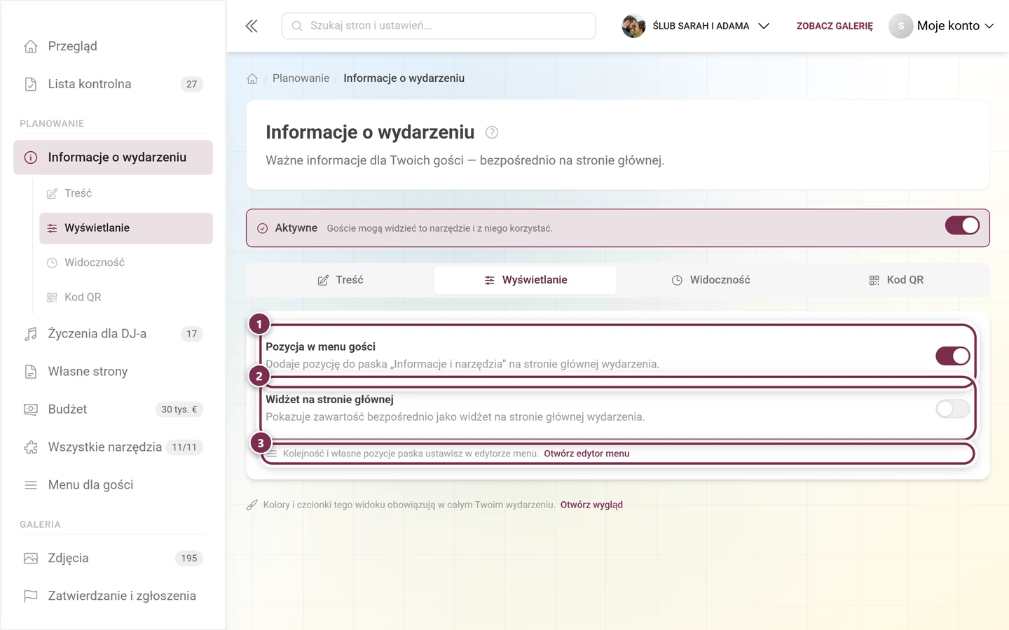 Zakładka Wyświetlanie z przełącznikami pozycji w menu gości i widżetu na stronie głównej