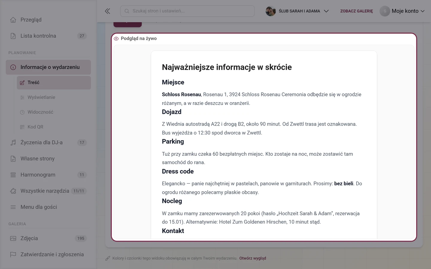 Podgląd na żywo pod formularzem z gotowymi informacjami o wydarzeniu