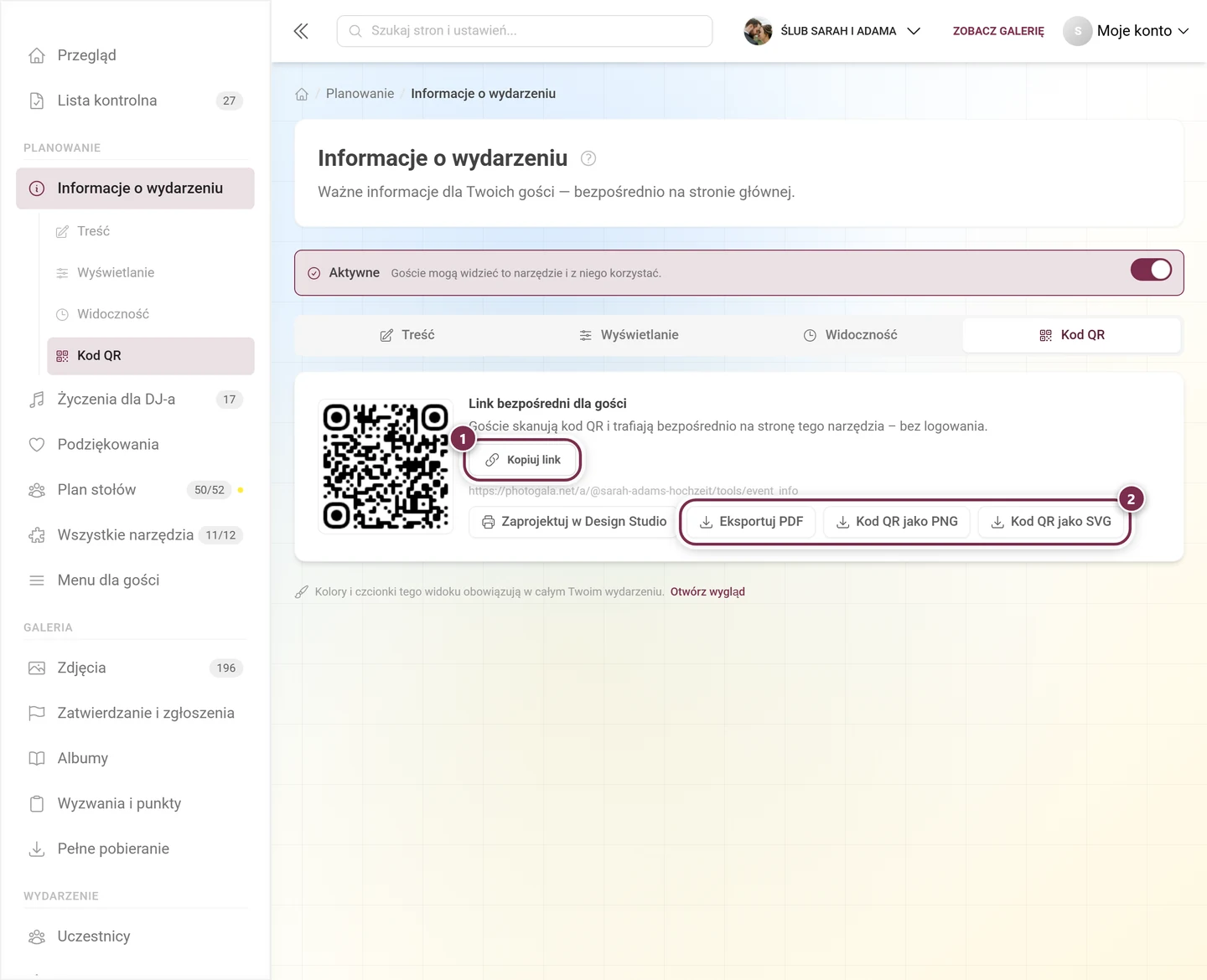 Zakładka Kod QR z kodem, przyciskiem Kopiuj link i przyciskami eksportu