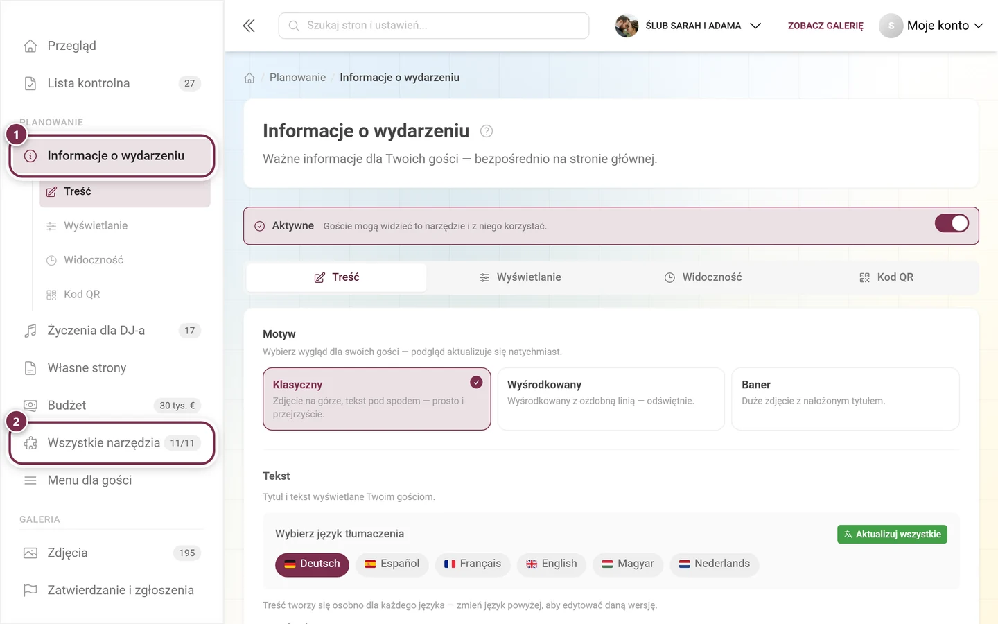 Lewy pasek nawigacji z rozwiniętą pozycją Informacje o wydarzeniu i pozycją Wszystkie narzędzia