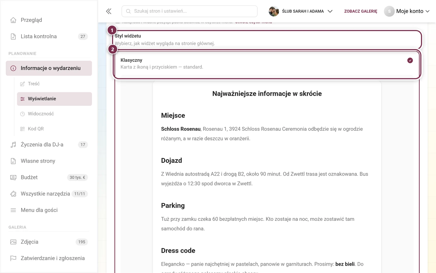 Wybór Styl widżetu z pierwszą kartą Klasyczny