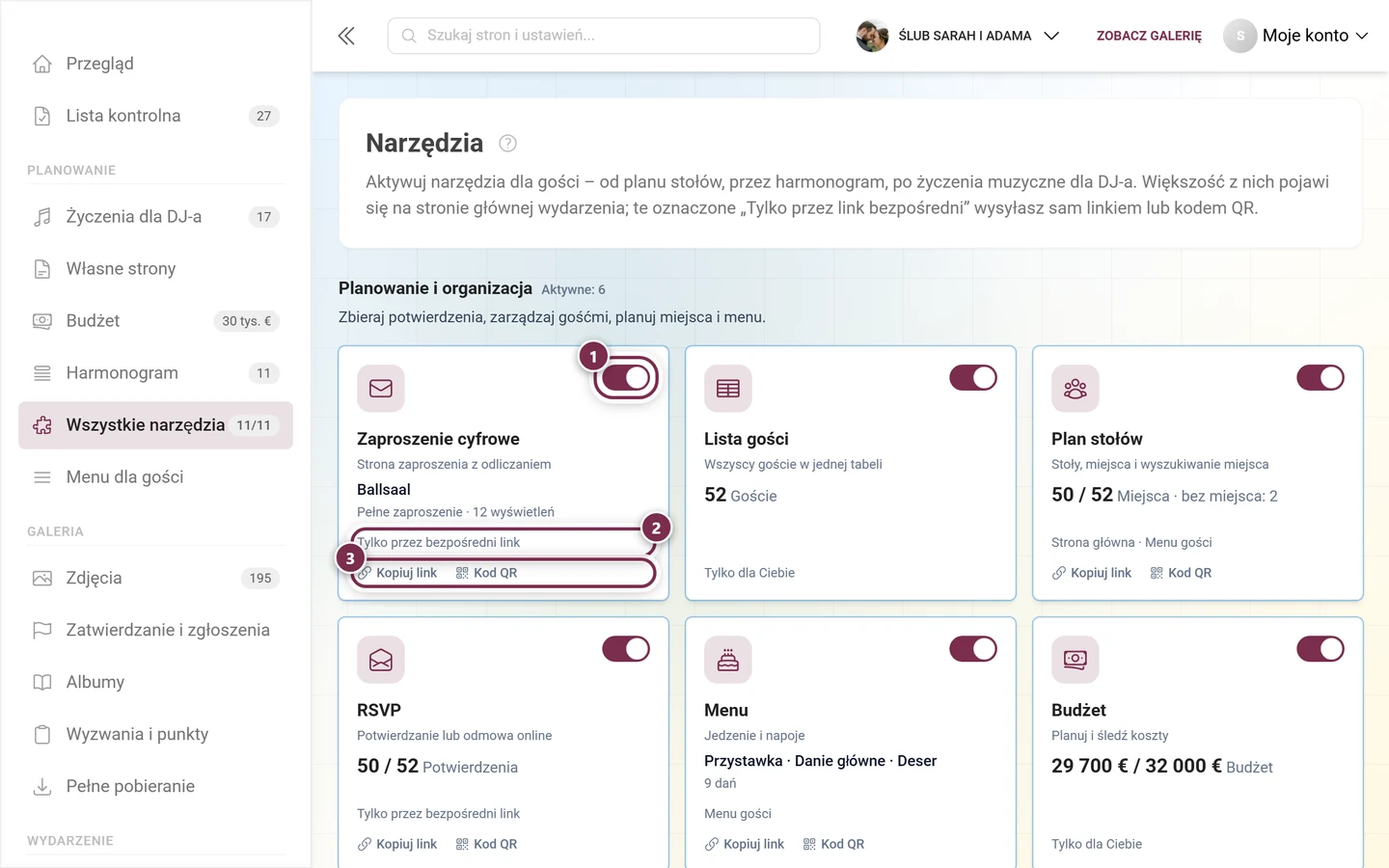 Siatka narzędzi z kafelkami wszystkich narzędzi pogrupowanymi w trzy kategorie