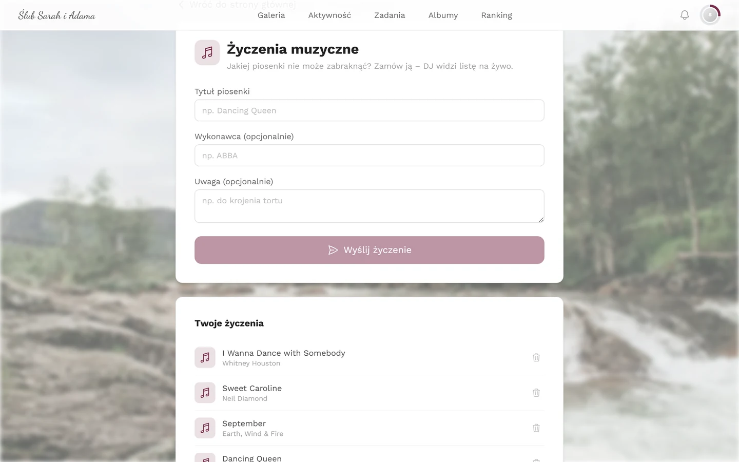 Formularz życzeń muzycznych z polami Tytuł piosenki, Wykonawca i Uwaga