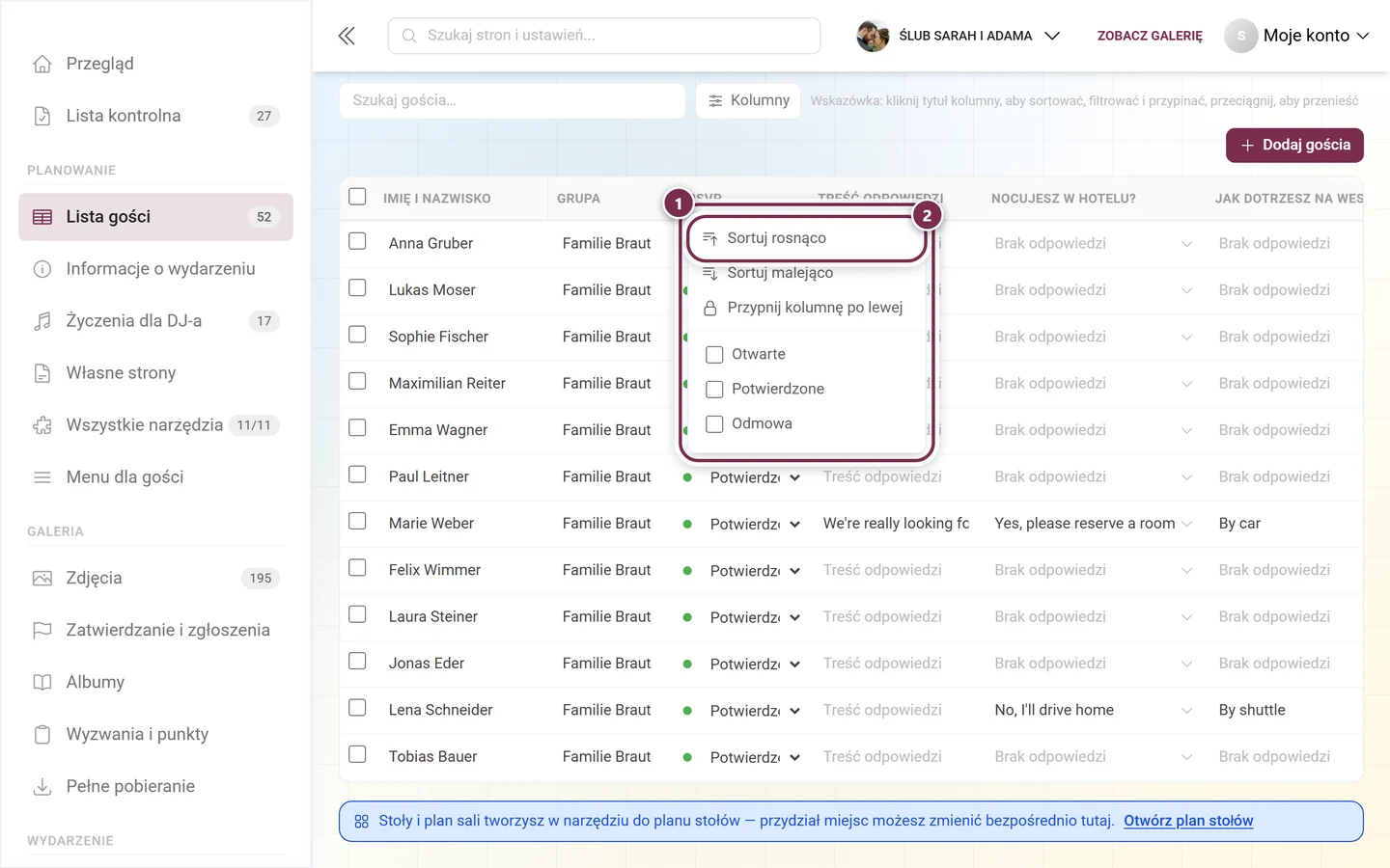 Rozwinięte menu kolumny listy gości z zaznaczonym menu i zaznaczonym sortowaniem