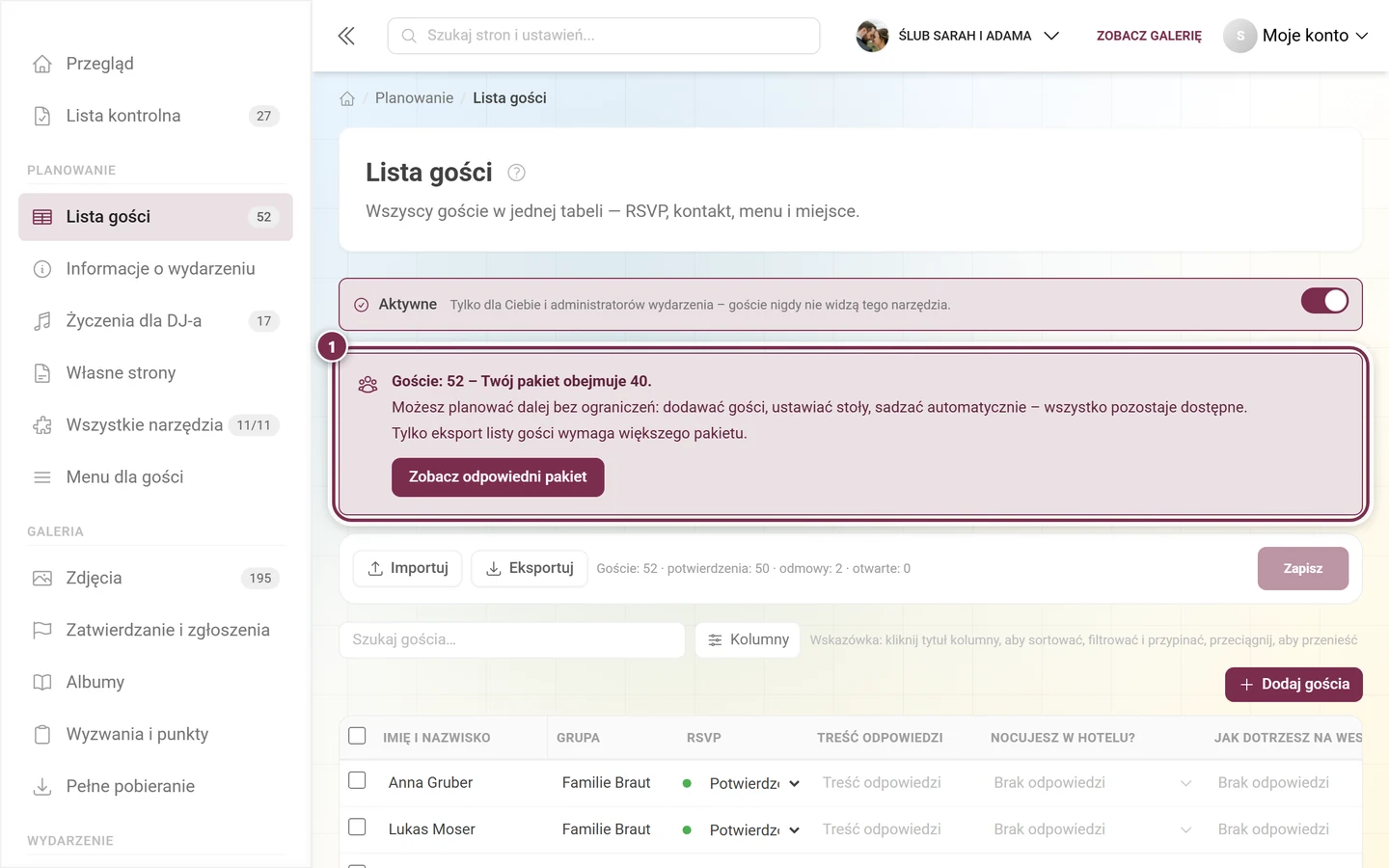 Lista gości z zaznaczonym polem limitu gości nad paskiem akcji