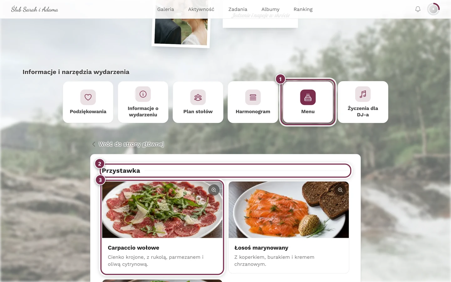 Strona menu z daniami i potrawami