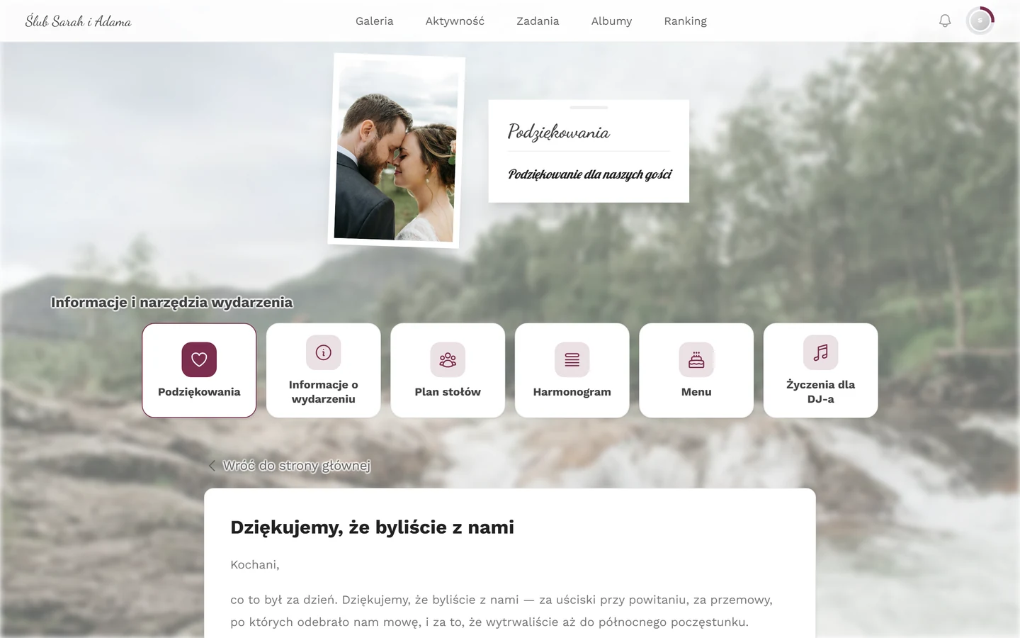Podziękowania w widoku gościa z nagłówkiem, tekstem i wyróżnionym kafelkiem Podziękowania