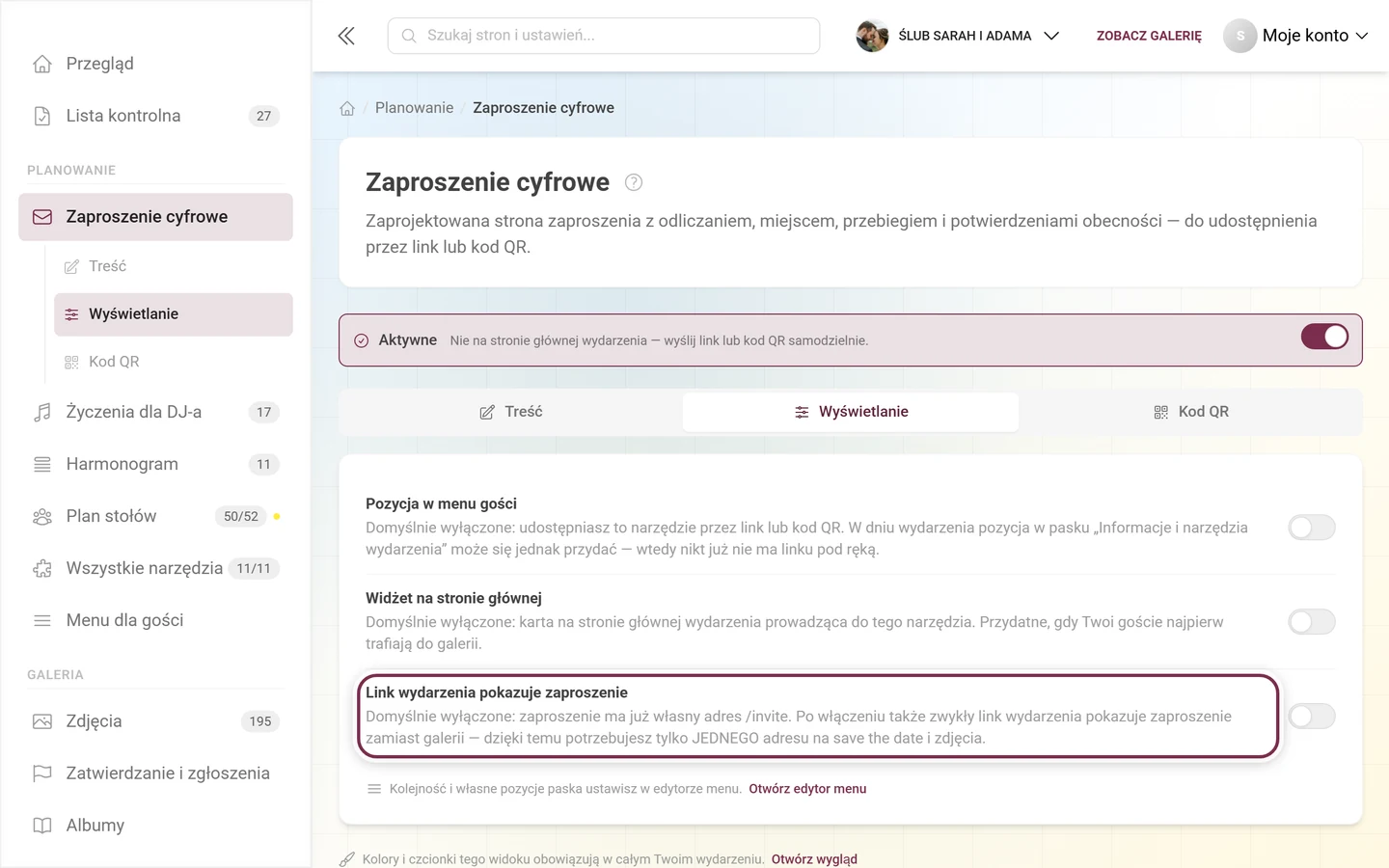 Zakładka Wyświetlanie zaproszenia z wyróżnionym przełącznikiem linku do wydarzenia
