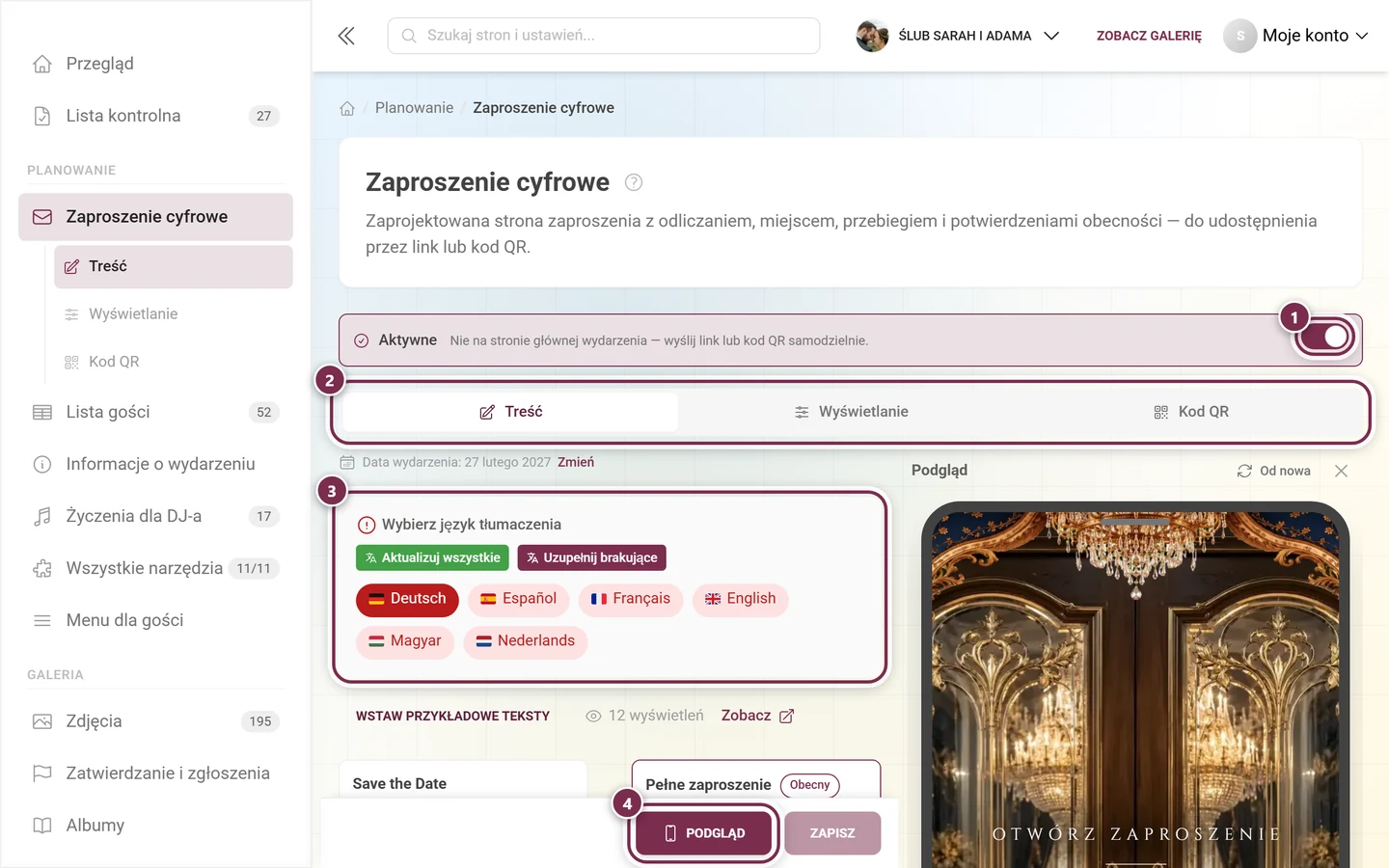Edytor zaproszenia cyfrowego z zaznaczonym głównym przełącznikiem, zakładkami, blokiem języków i przyciskiem podglądu
