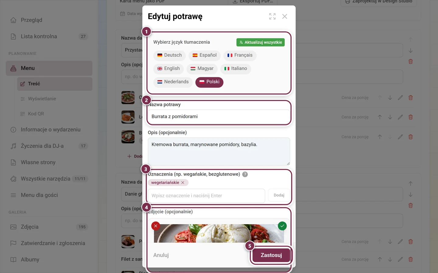 Okno Edytuj potrawę z wyborem języka, nazwą, opisem, etykietą wegetariańskie i zdjęciem w polu obrazu