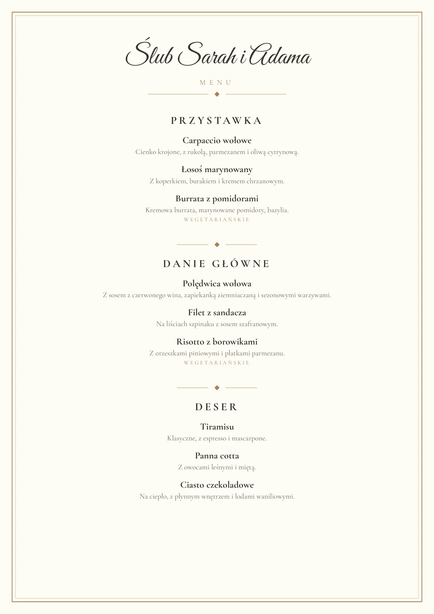 Gotowa karta menu jako PDF w stylu Złoto i kość słoniowa z daniami Przystawka, Danie główne i Deser