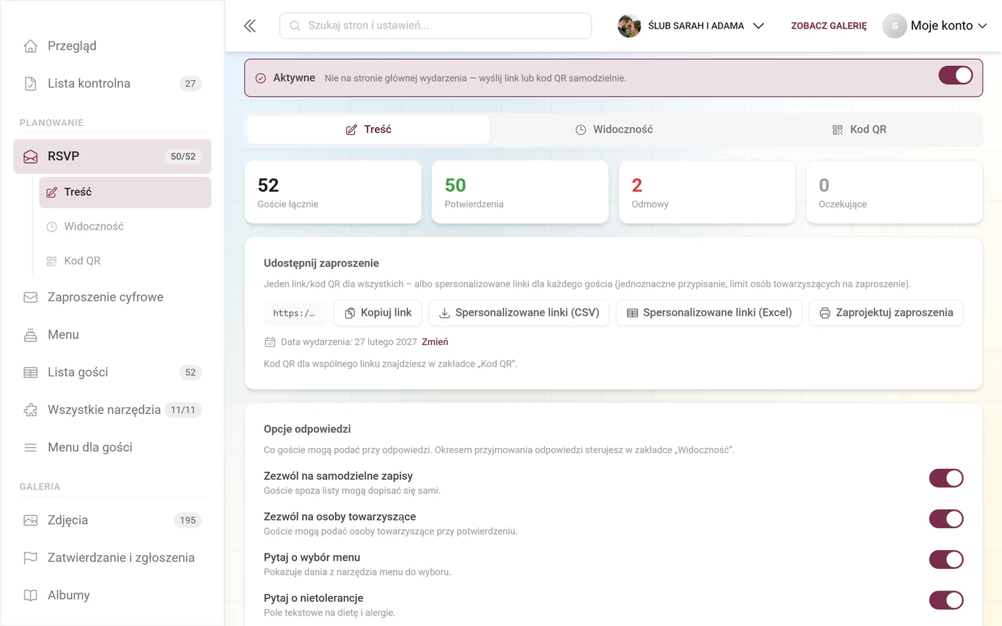 Sekcja Udostępnij zaproszenie z Kopiuj link i dwoma plikami do pobrania CSV i Excel
