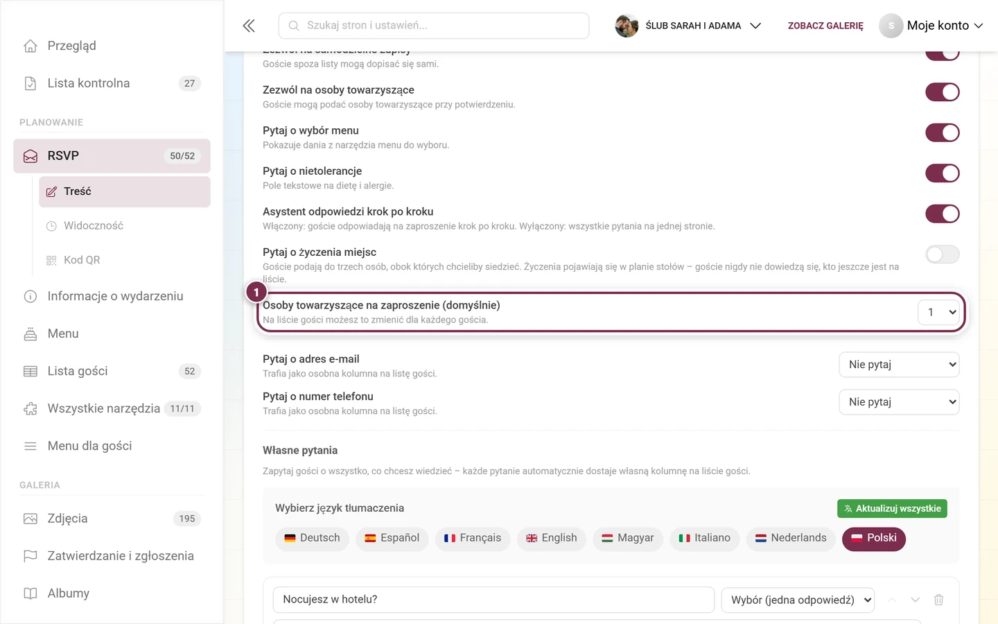 Menu rozwijane Osoby towarzyszące na zaproszenie (domyślnie)