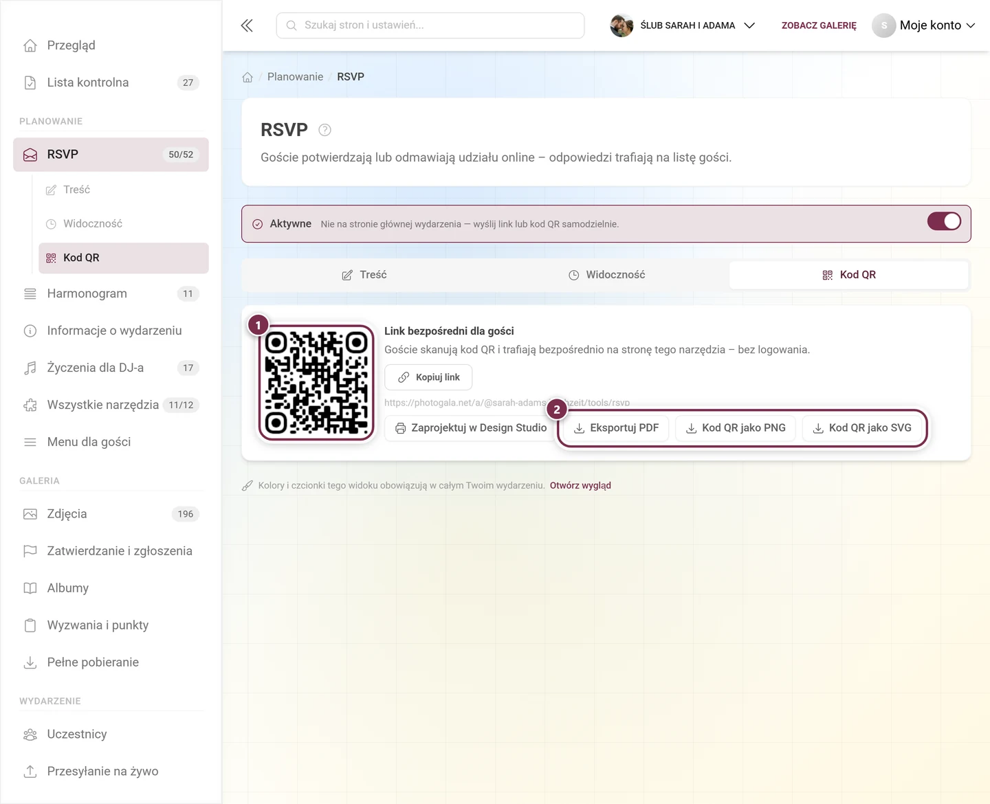 Zakładka Kod QR z kodem, bezpośrednim linkiem i trzema przyciskami plików