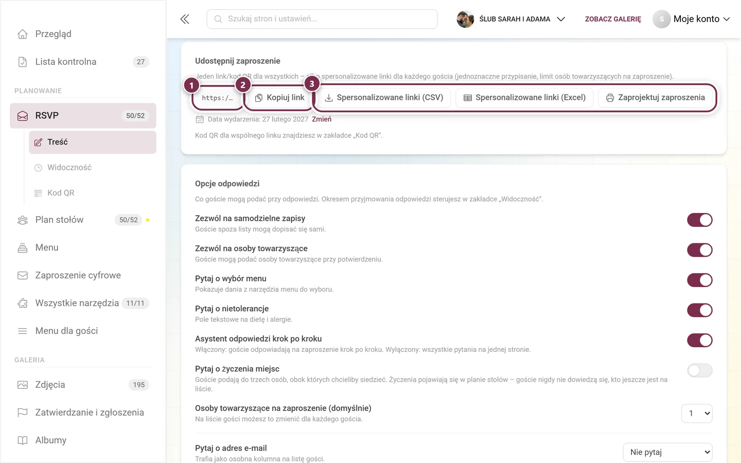 Sekcja Udostępnij zaproszenie z adresem, Kopiuj link i trzema przyciskami wysyłki