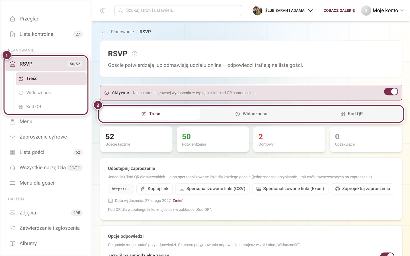 Pasek boczny z wyróżnioną pozycją RSVP w sekcji Planowanie i paskiem zakładek edytora