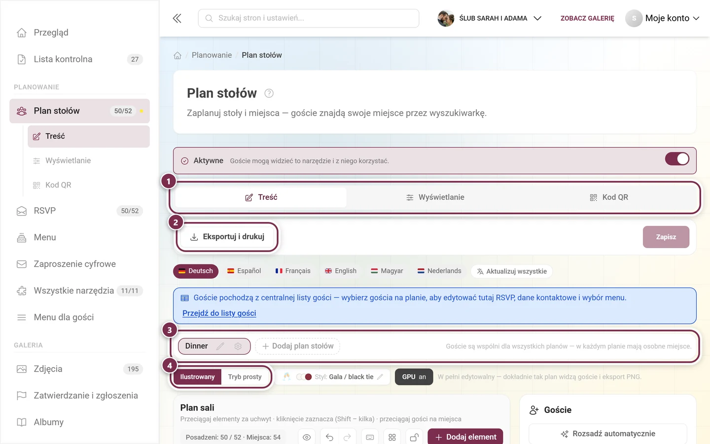 Edytor planu stołów z niebieską informacją o centralnej liście gości i wyborem planu