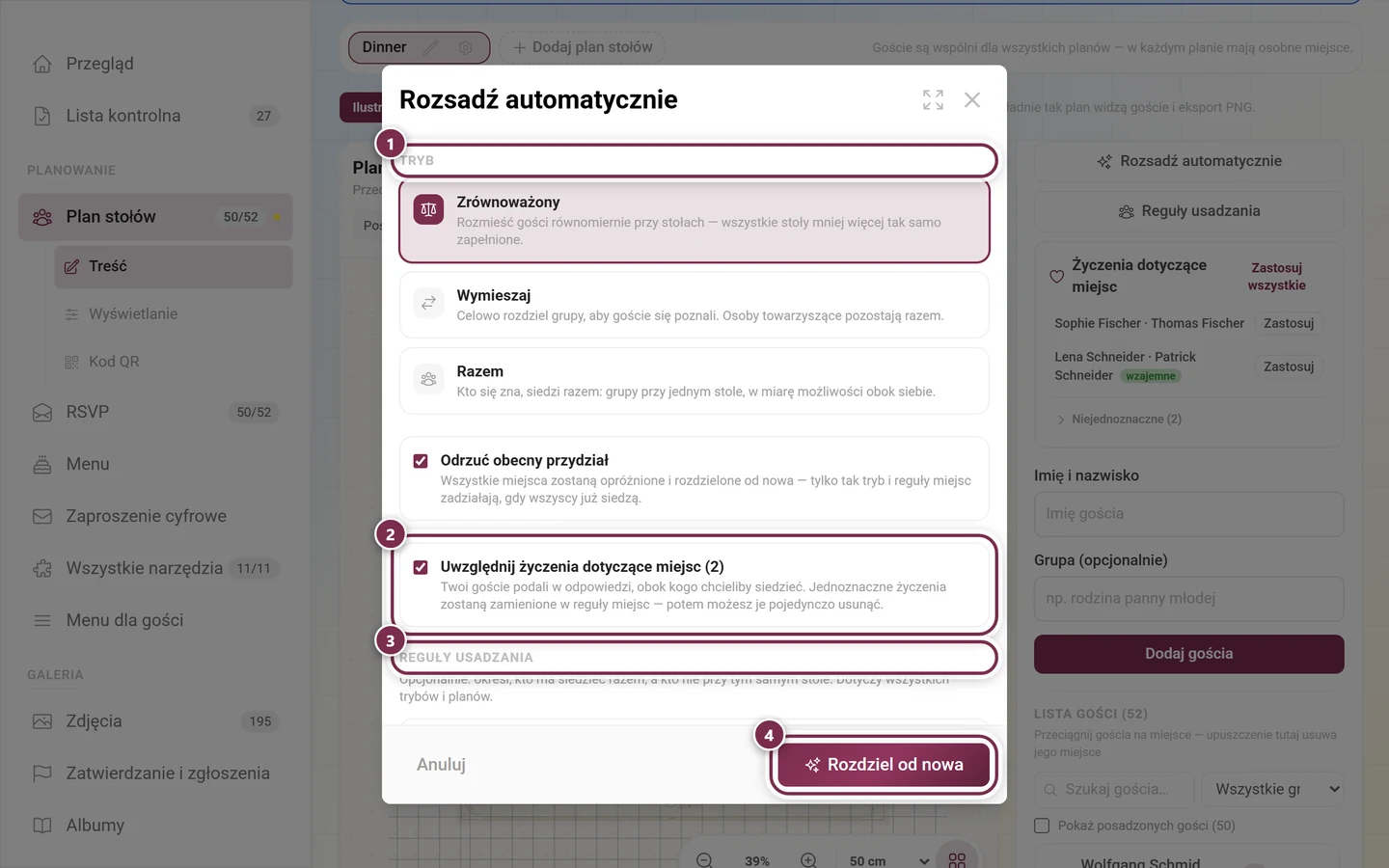 Okno Rozsadź automatycznie z zaznaczoną sekcją trybu, opcją życzeń, sekcją Reguły usadzania i wyłączonym przyciskiem Wszyscy mają już miejsca