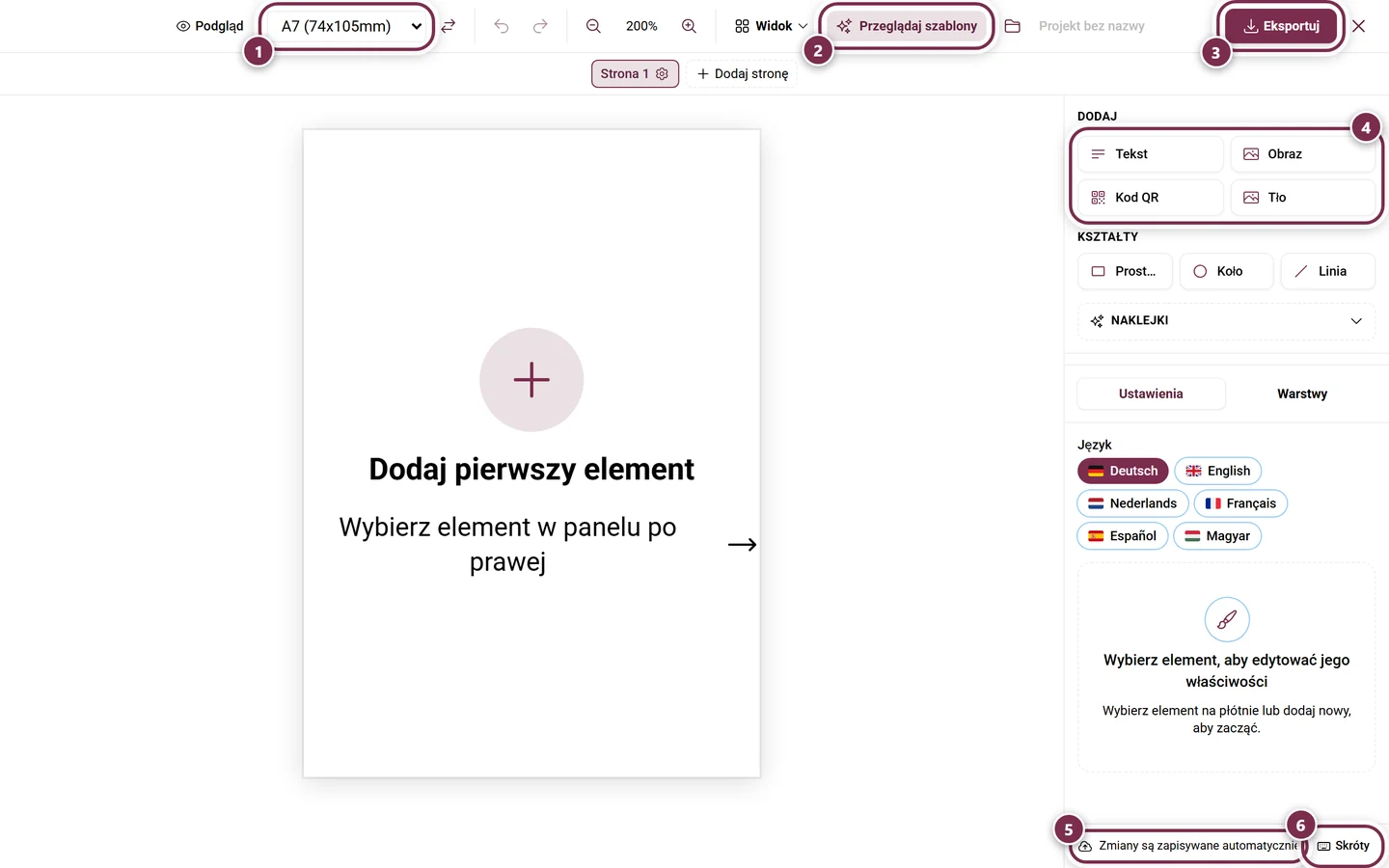 Design Studio z pustą winietką, zaznaczonym formatem papieru, przyciskiem Przeglądaj szablony, przyciskiem Eksportuj, panelem elementów, informacją o zapisie i przyciskiem Skróty