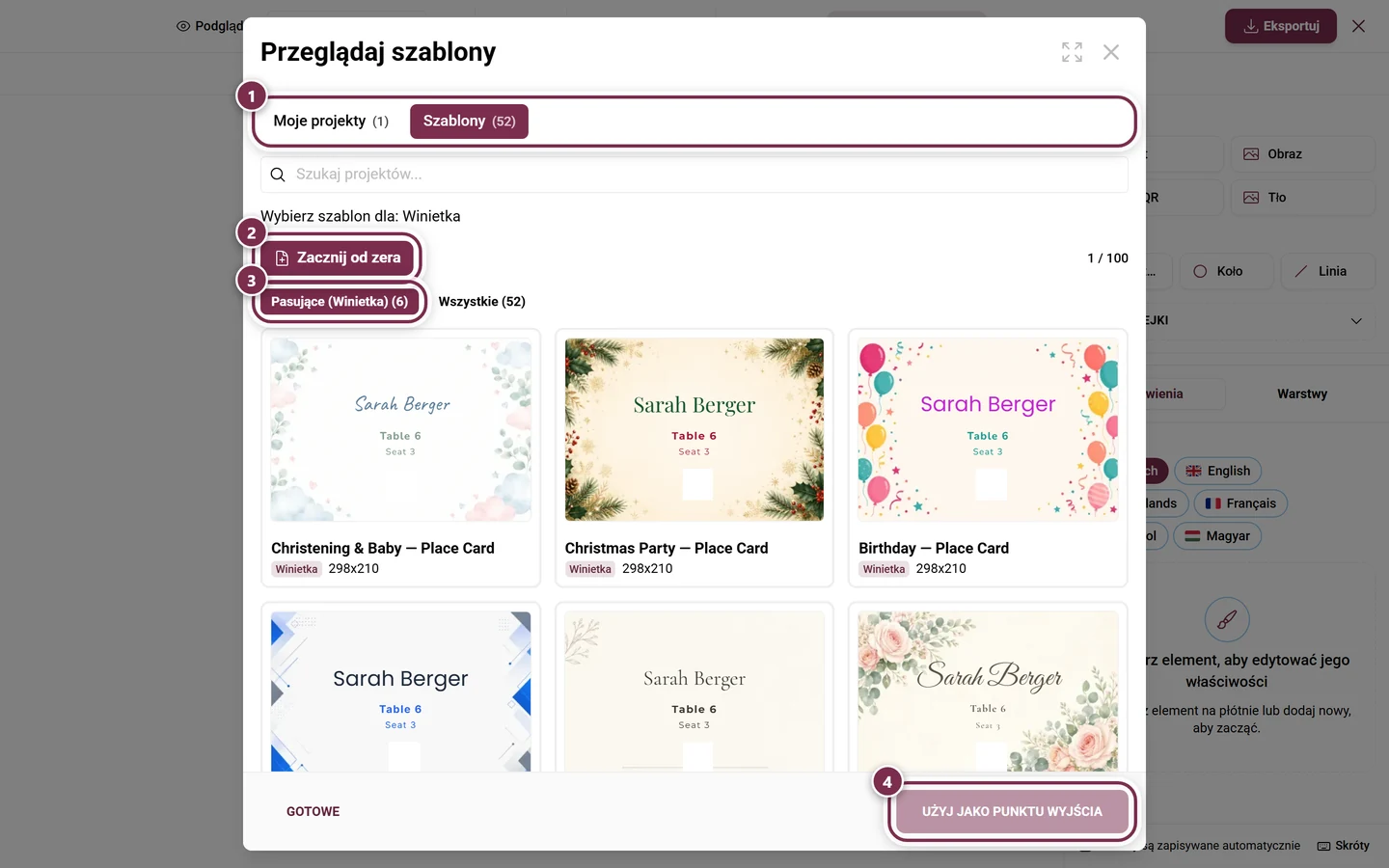 Przeglądarka szablonów Design Studio z zakładkami Moje projekty i Szablony, przyciskiem Zacznij od zera, filtrem Pasujące i przyciskiem Użyj jako punktu wyjścia