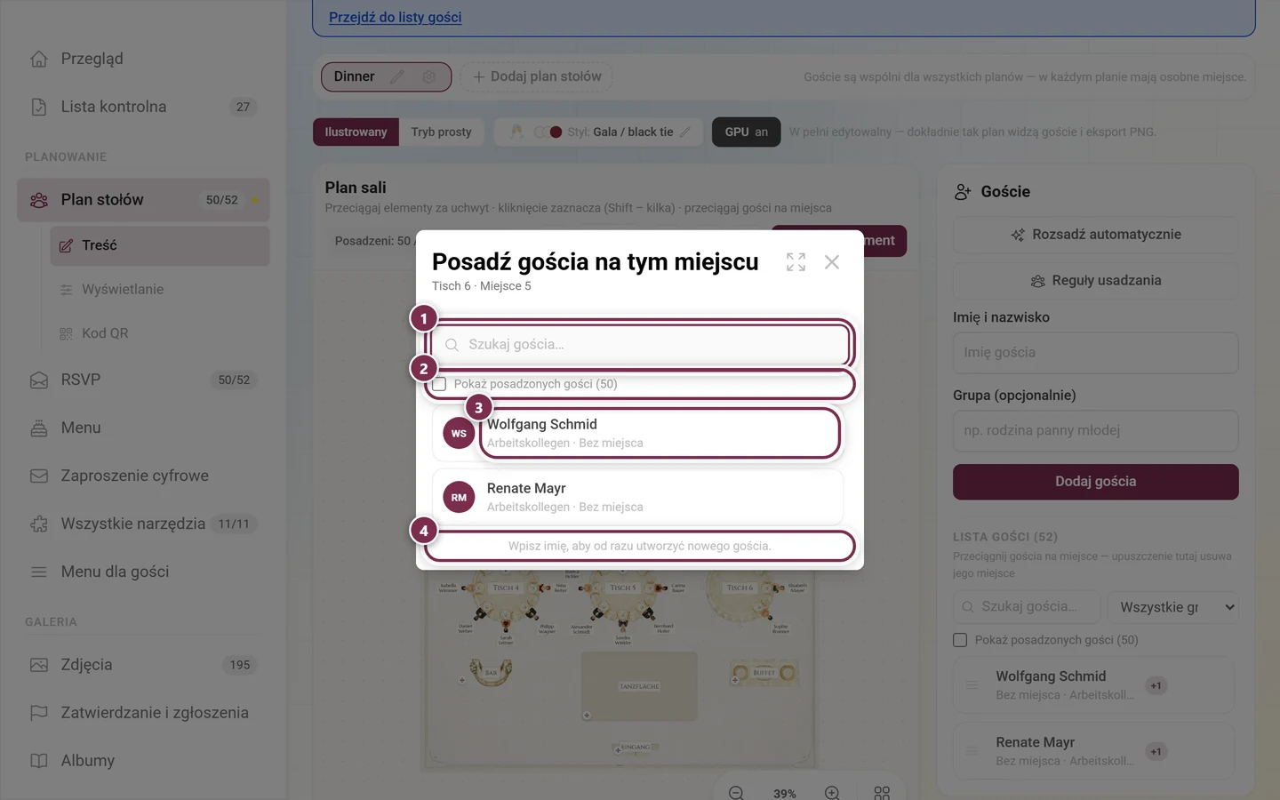 Okno Posadź gościa na tym miejscu z zaznaczonym polem wyszukiwania, polem wyboru dla posadzonych gości, wierszem gościa i informacją o dodawaniu nowych gości