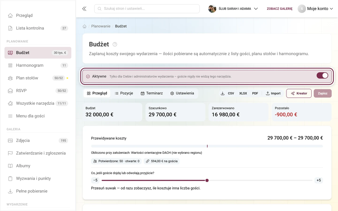 Edytor budżetu z wierszem objaśnienia dla narzędzi czysto administracyjnych