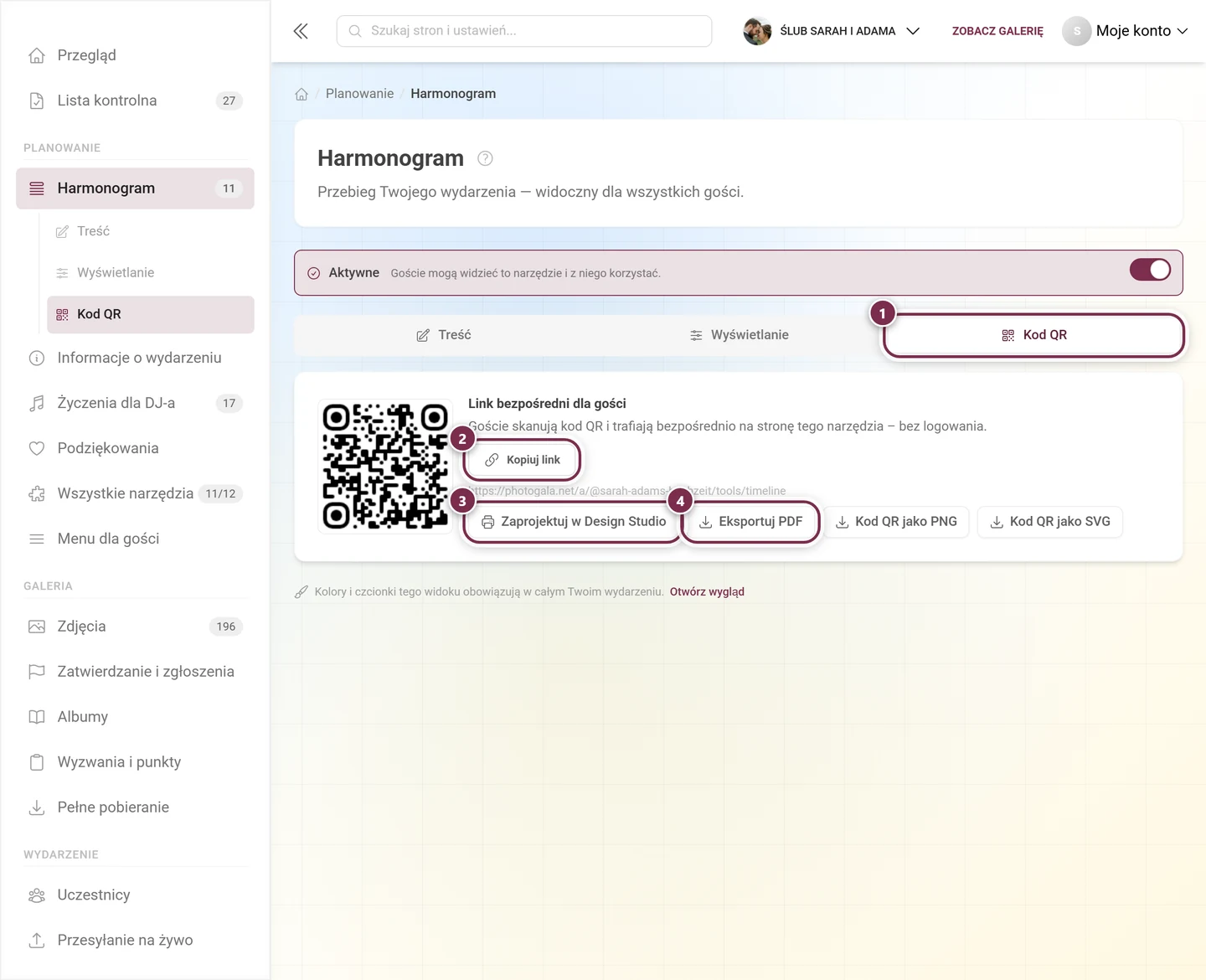 Karta Kod QR z numerowanymi pierścieniami wokół karty, Kopiuj link, Zaprojektuj w Design Studio i Eksportuj PDF