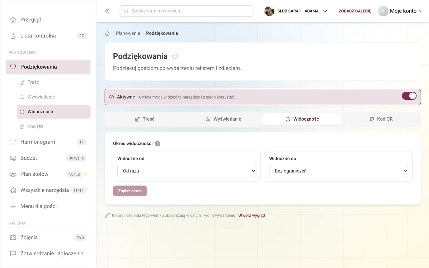Karta Widoczność z trybami dla początku i końca