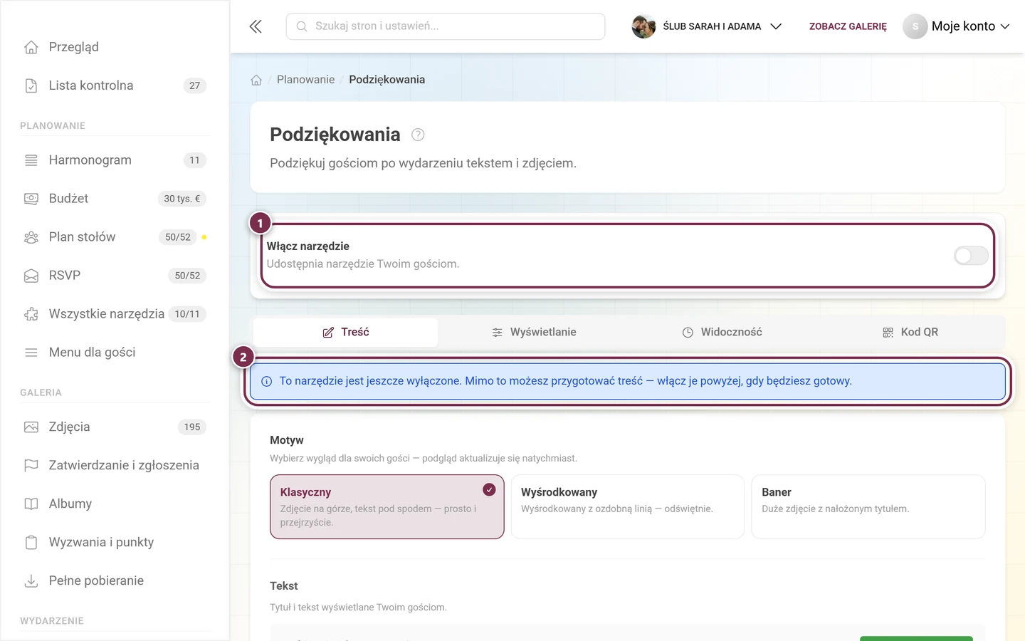 Podziękowania z wyłączonym narzędziem i niebieską informacją o trybie wersji roboczej
