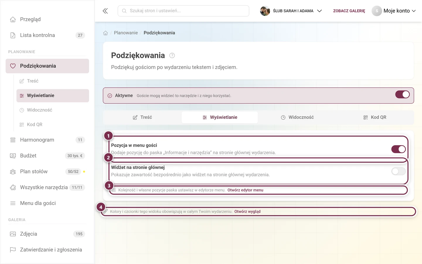 Zakładka Wyświetlanie z przełącznikami menu gości i widżetu na stronie głównej oraz dwoma linkami