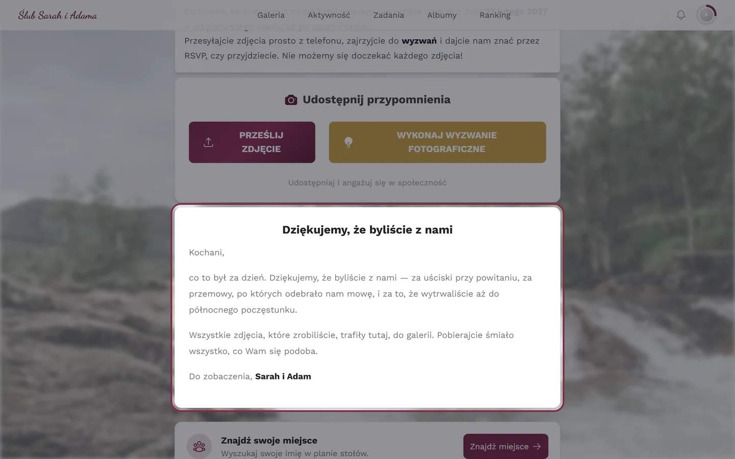 Podziękowania jako widżet na stronie głównej wydarzenia w widoku gościa