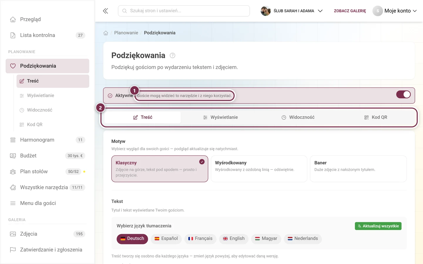 Nagłówek Podziękowań z przełącznikiem Aktywne i czterema zakładkami