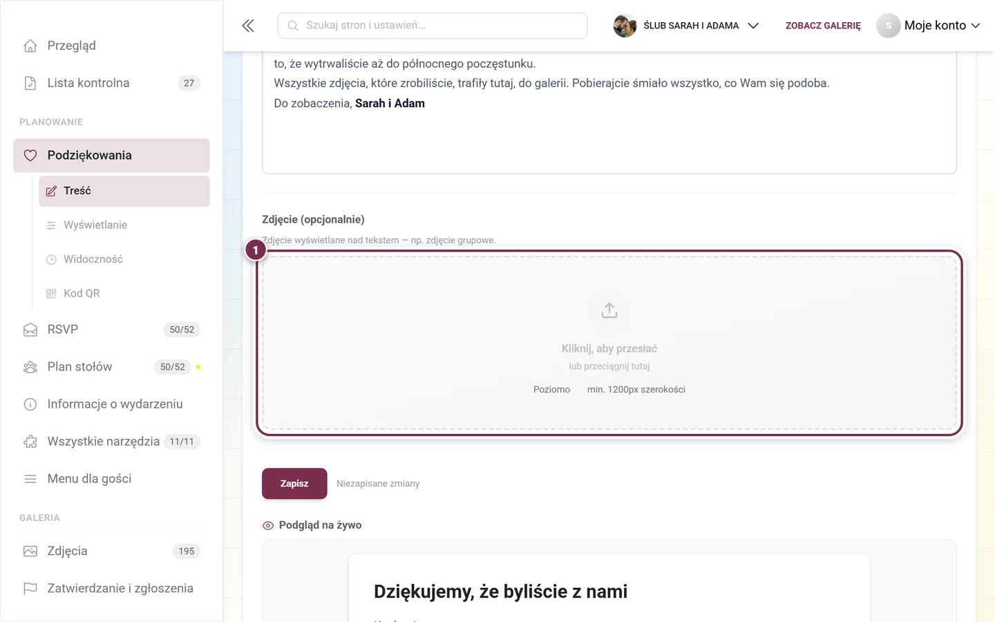 Puste pole na zdjęcie w Podziękowaniach z zaleceniami Poziomo i co najmniej 1200 pikseli