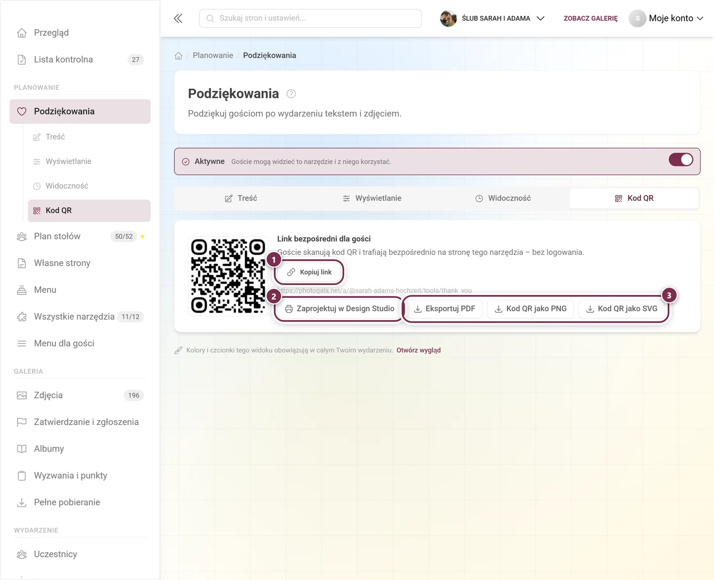 Zakładka Kod QR z linkiem bezpośrednim, przyciskiem Design Studio i trzema eksportami plików