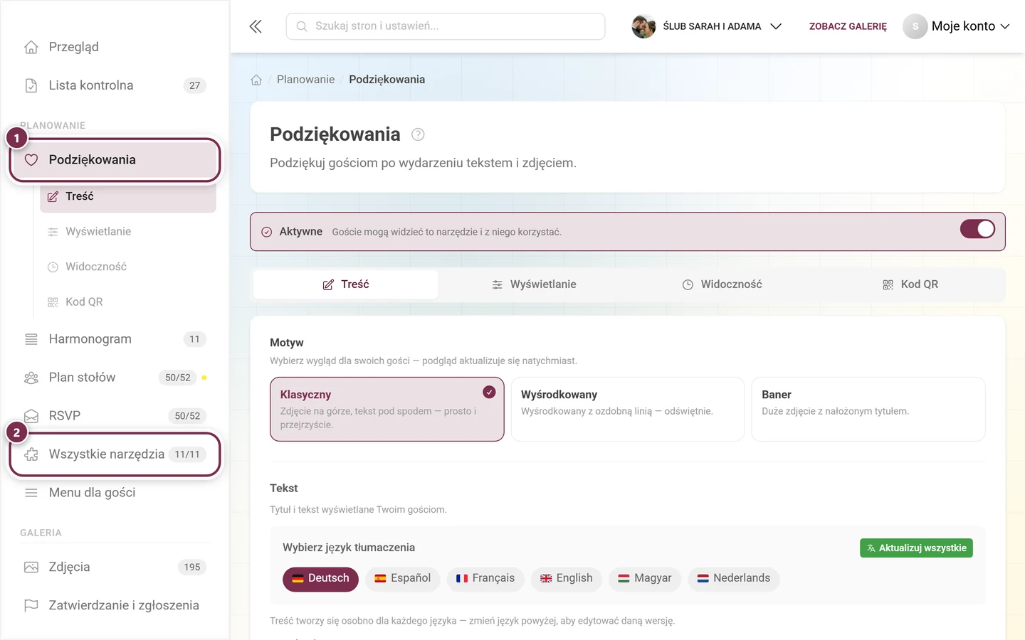 Pasek boczny zarządzania wydarzeniem z zaznaczoną pozycją Podziękowania w grupie Planowanie