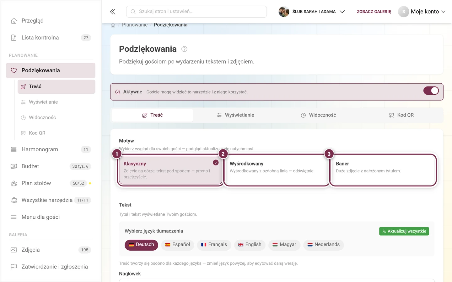 Wybór wyglądu z trzema kartami Klasyczny, Wyśrodkowany i Baner
