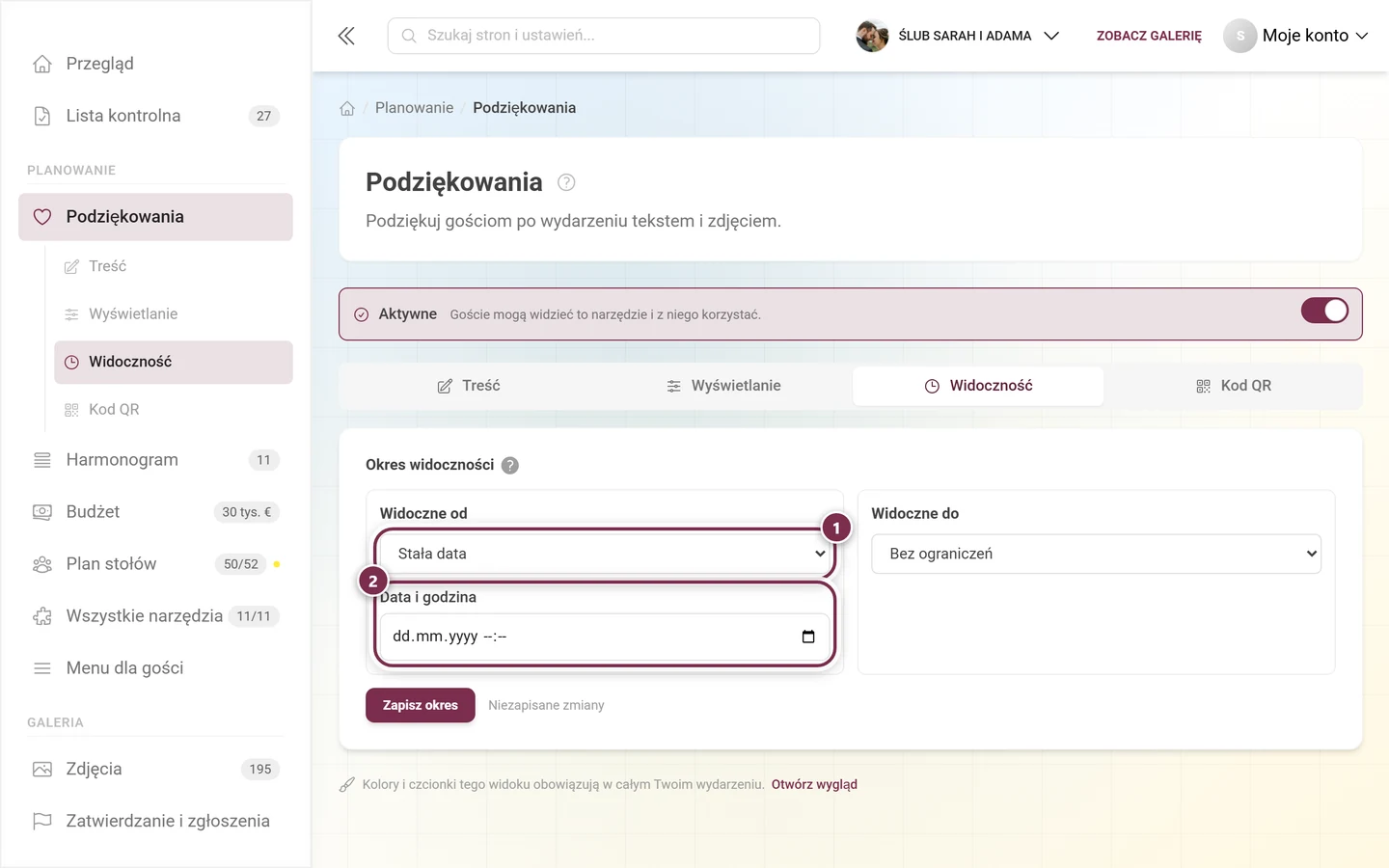Widoczne od w trybie Stała data z polem Data i godzina