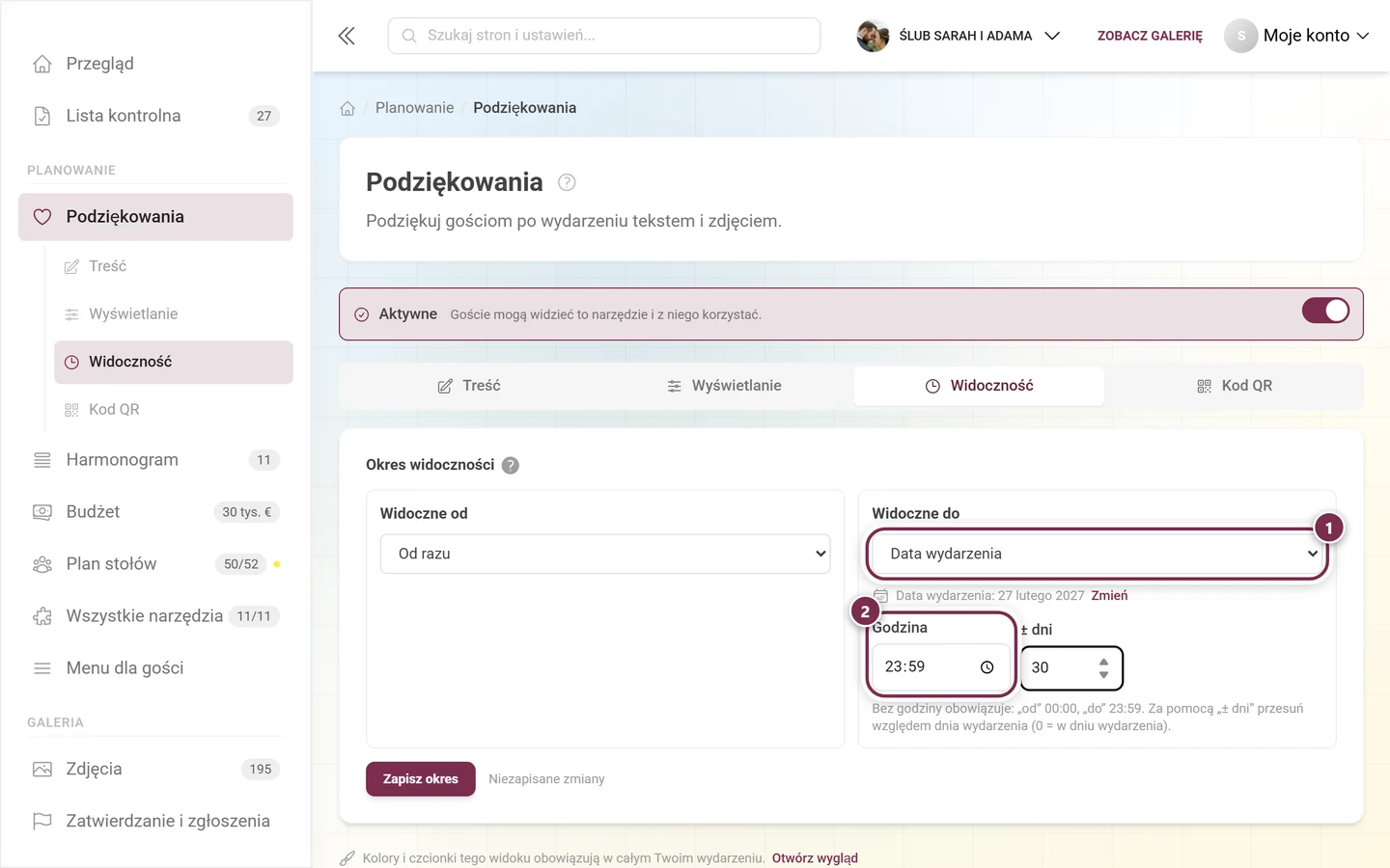 Widoczne do w trybie Data wydarzenia z domyślną godziną 23:59