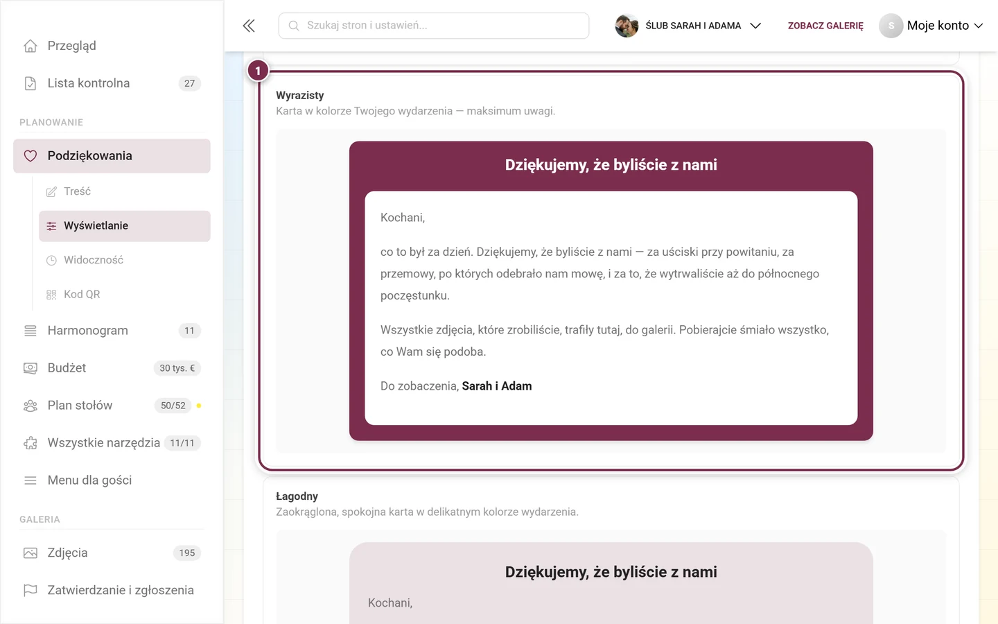 Styl widżetu Wyrazisty z kartą w kolorze wydarzenia