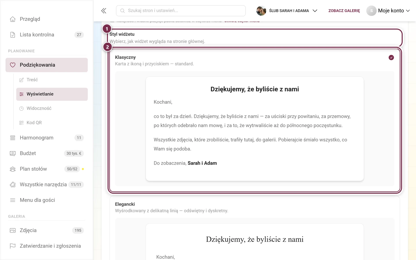 Wybór stylu widżetu z zaznaczoną kartą Klasyczny