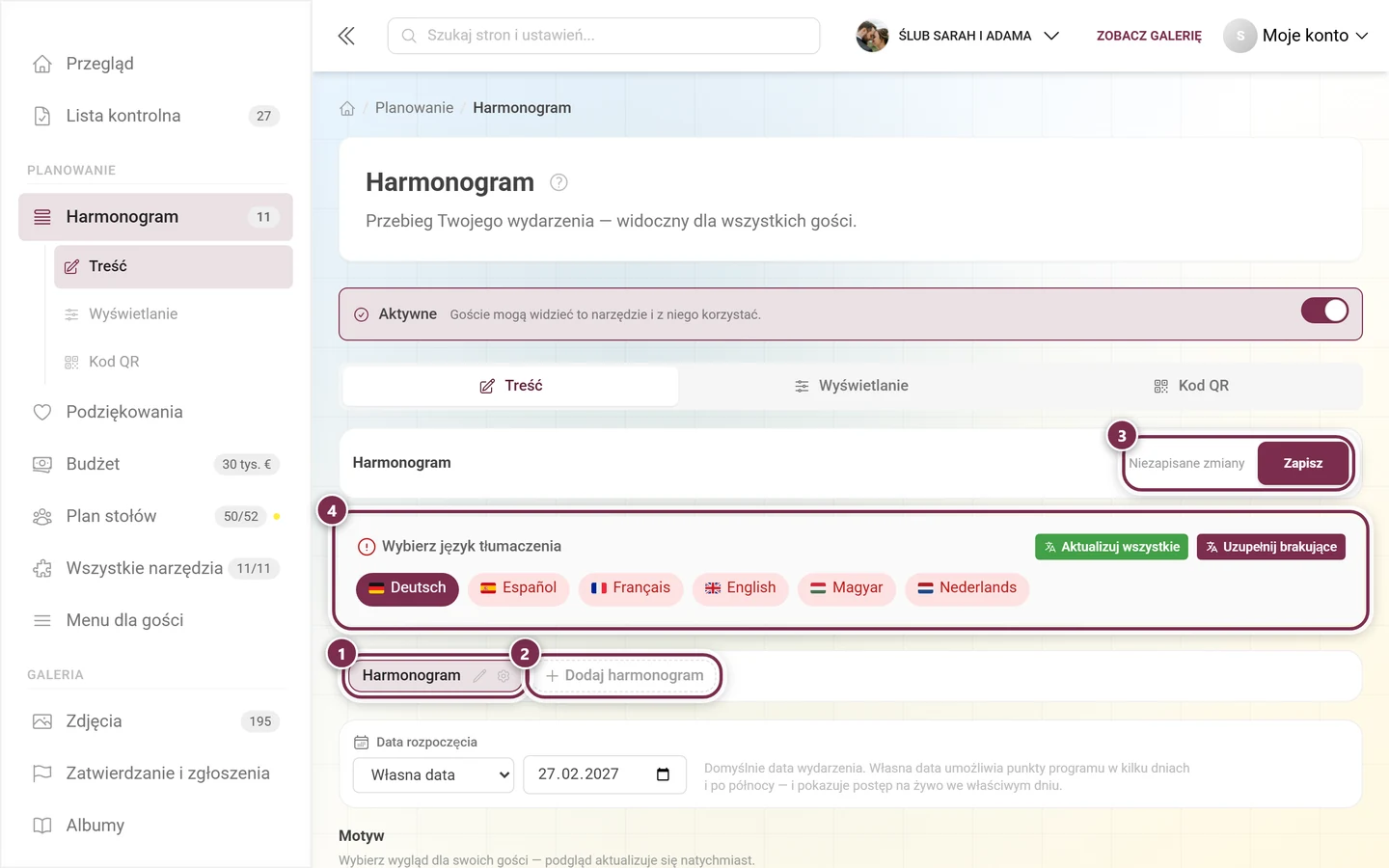 Narzędzie Harmonogram z zaznaczonym paskiem zakładek, Dodaj harmonogram, paskiem języków i Zapisz