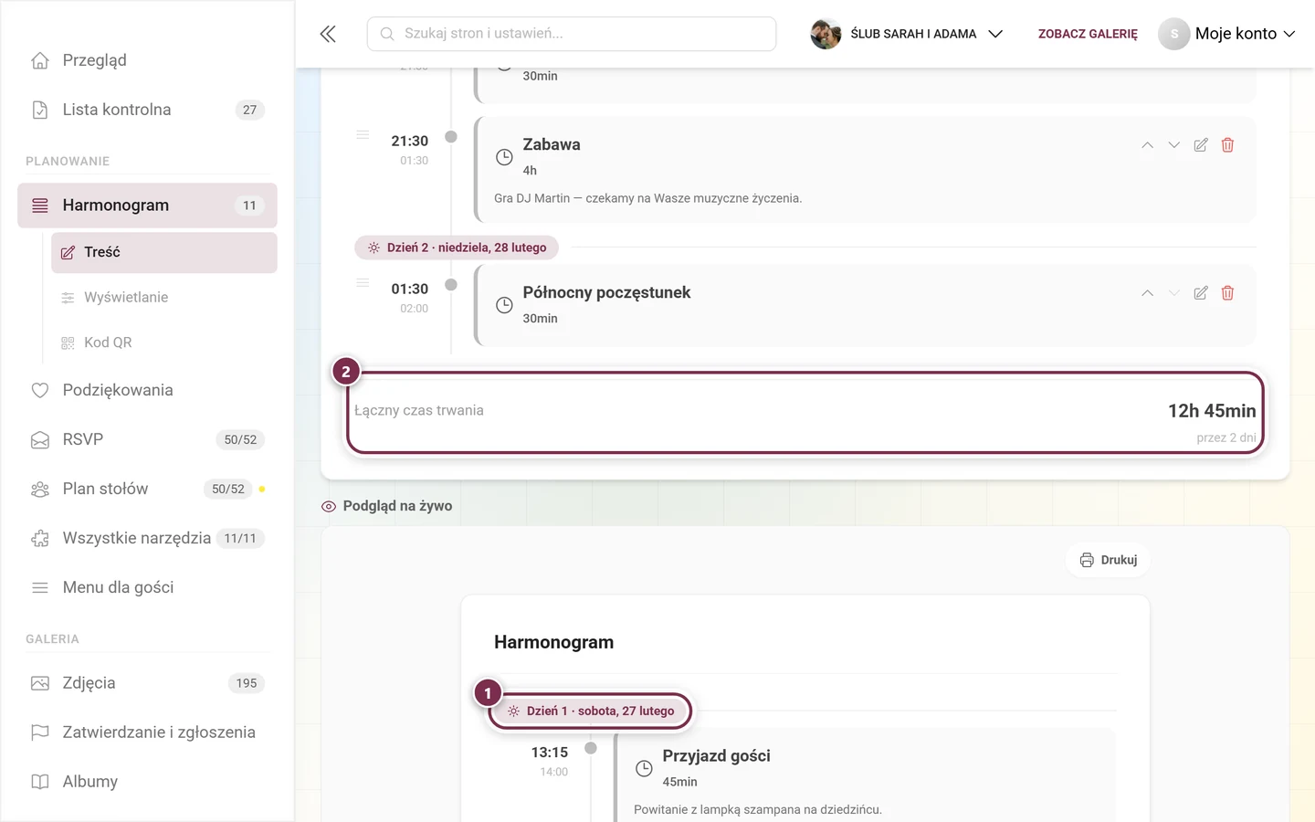 Koniec listy punktów programu z zaznaczonym separatorem dni i stopką Łączny czas trwania
