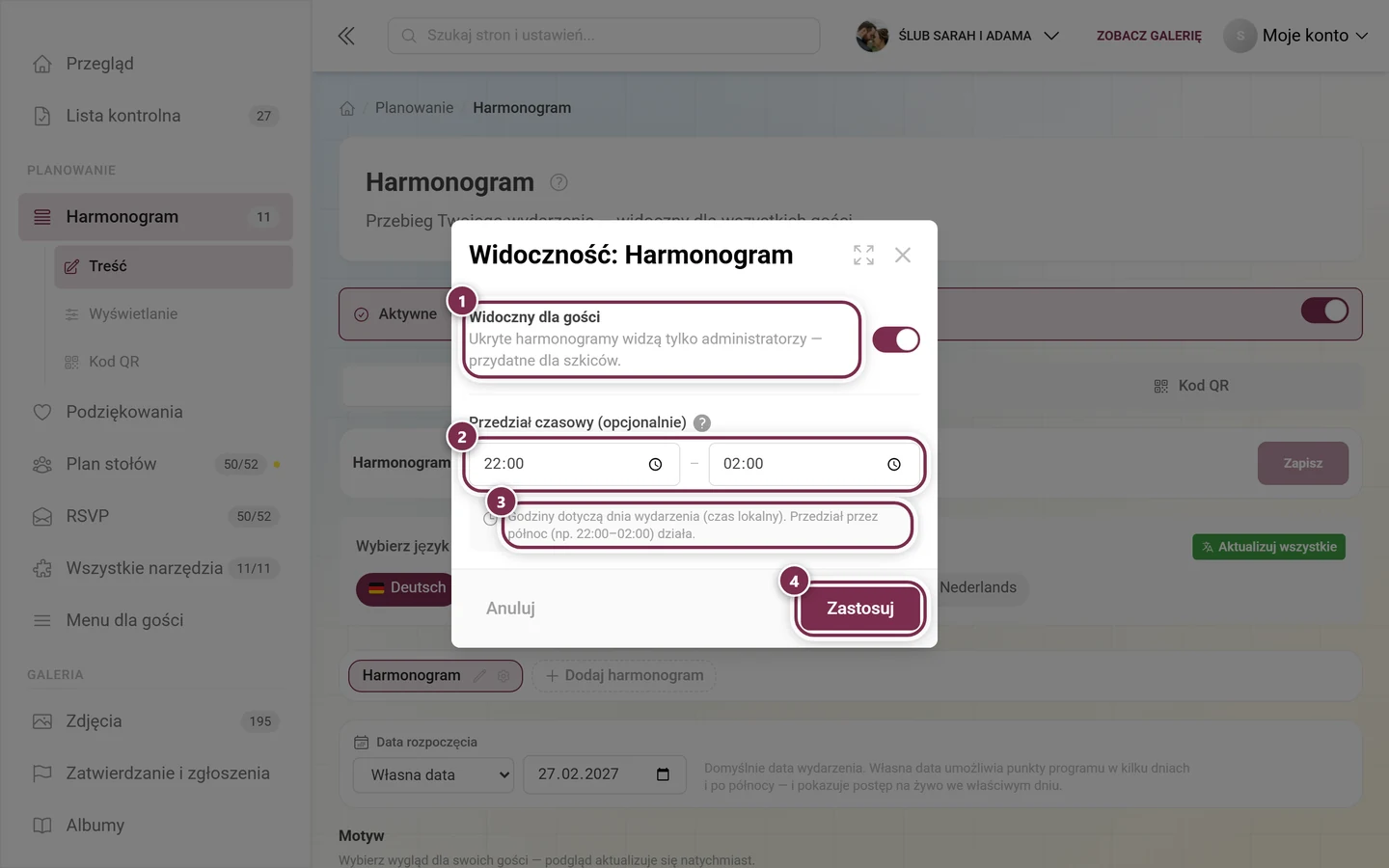 Okno Widoczność: Przebieg z zaznaczonym przełącznikiem, dwoma polami czasu, informacją i przyciskiem Zastosuj