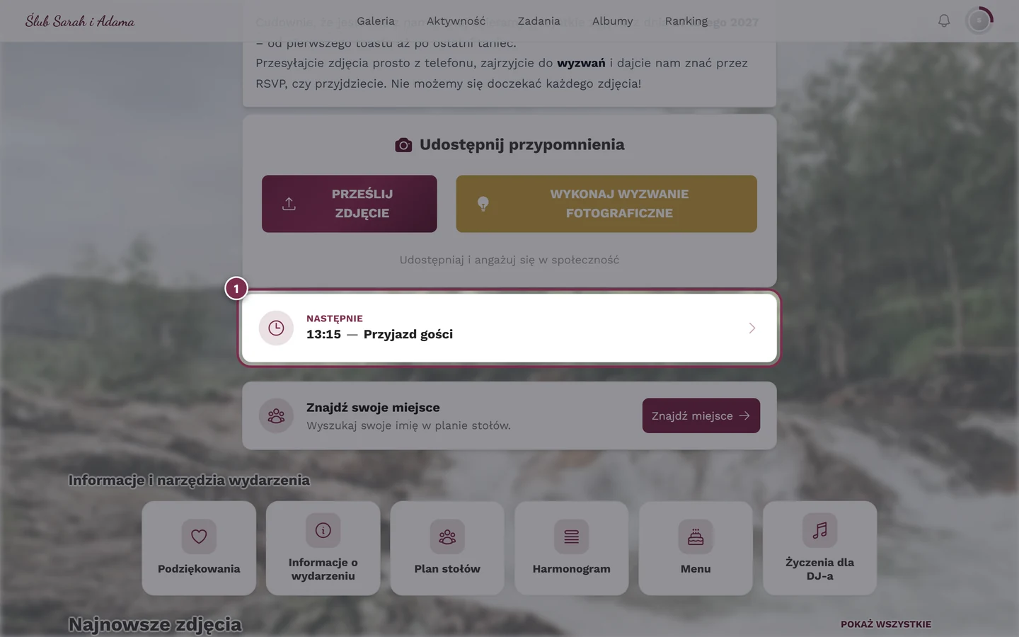 Strona główna galerii z widżetem harmonogramu Następnie
