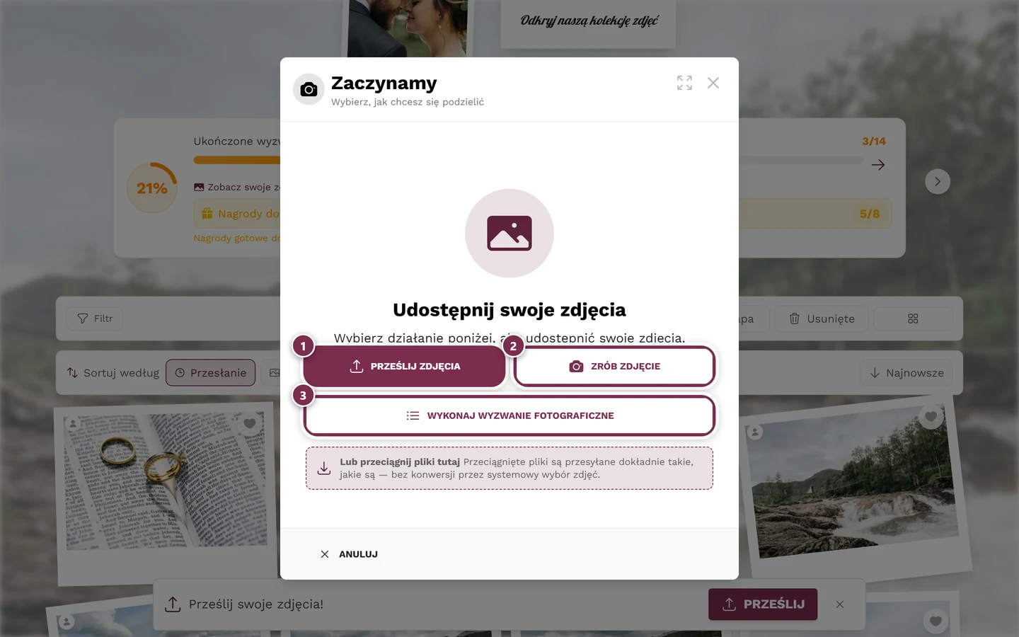 Okno przesyłania ze źródłami Wybierz zdjęcie i Zrób zdjęcie