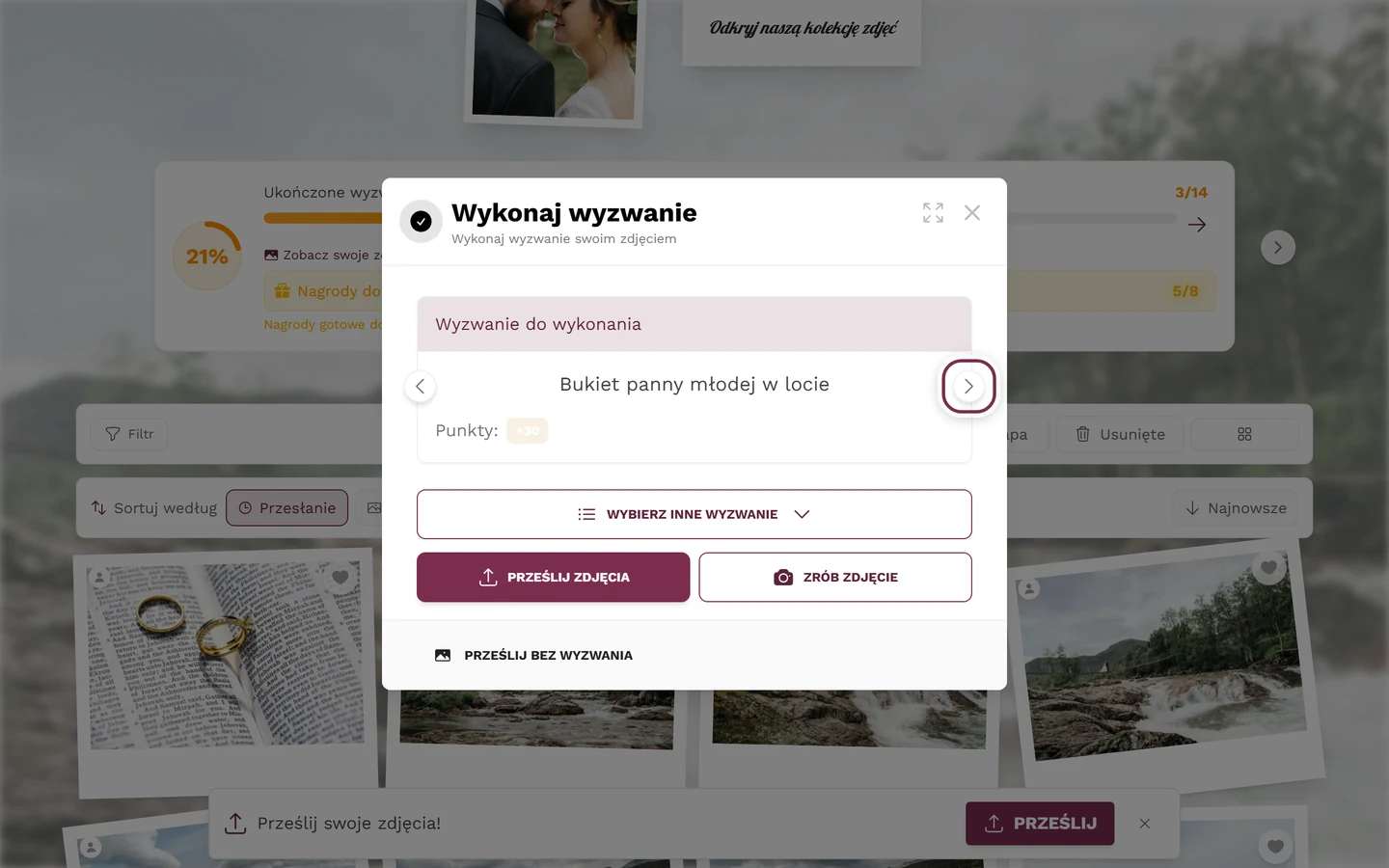 Karta wyzwania w oknie przesyłania, oznaczona strzałka Następne wyzwanie