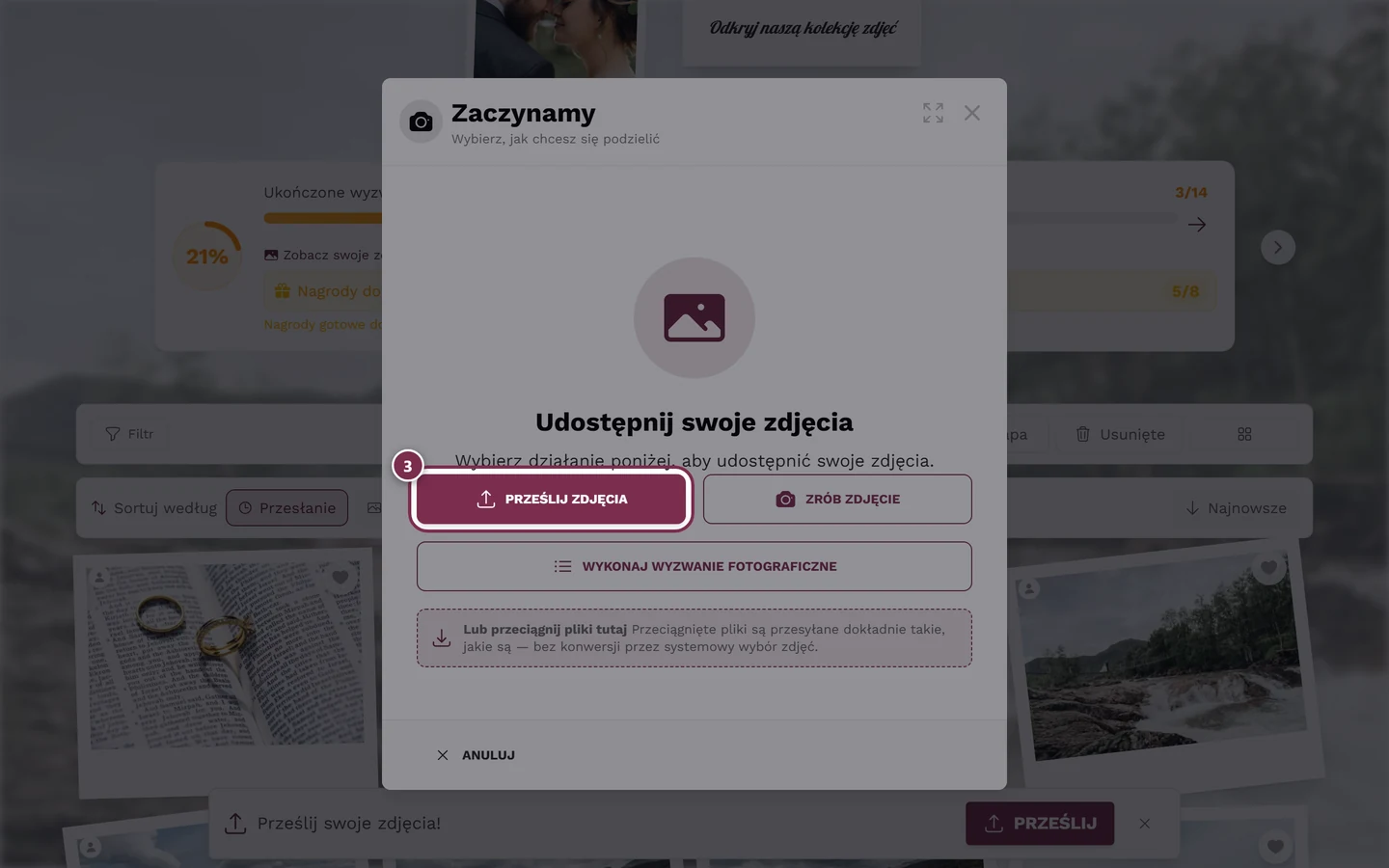 Okno przesyłania z przyciskiem Wybierz zdjęcie